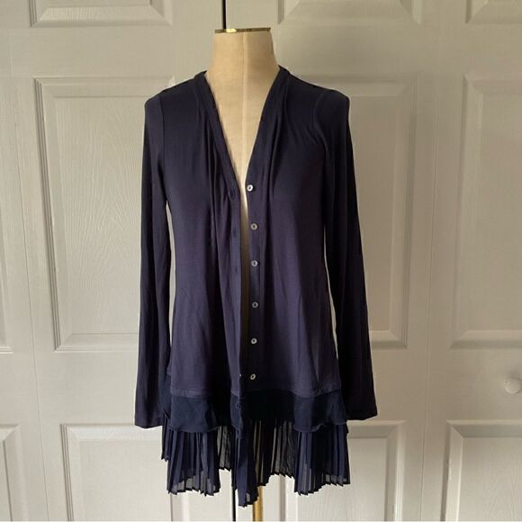 LOGO LORI GOLDSTEIN Women's Button Front Cardigan Top Pleated Ruffle Trim - XS - Picture 1 of 6